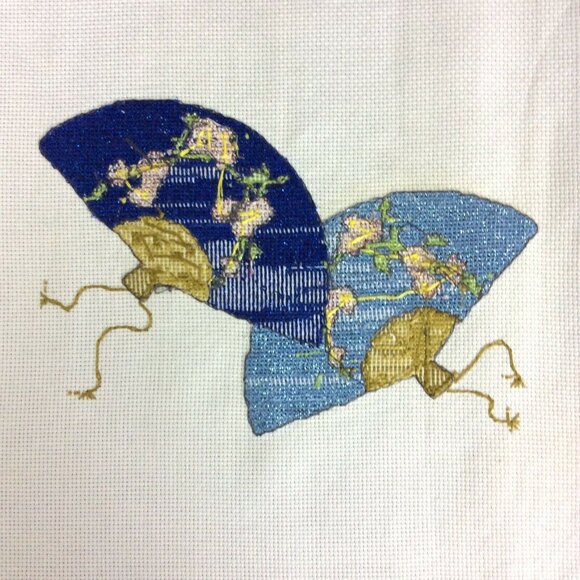 Handcrafted World Map Japanese Fan Finished Cross Stitch Art On Canvas - Picture 4 of 6